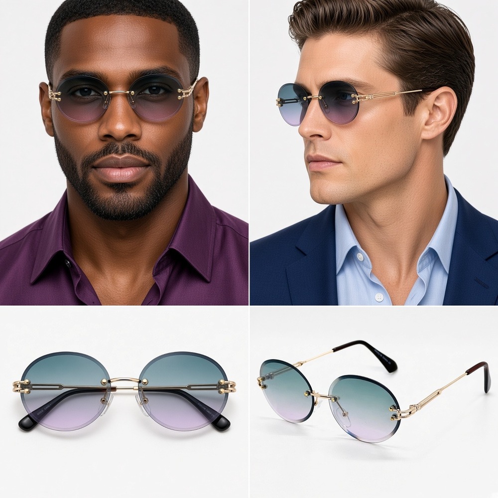 Sunglasses Men OS Teal Purple Men Rimless Gold Metal Frame Gradient UV400 Retro